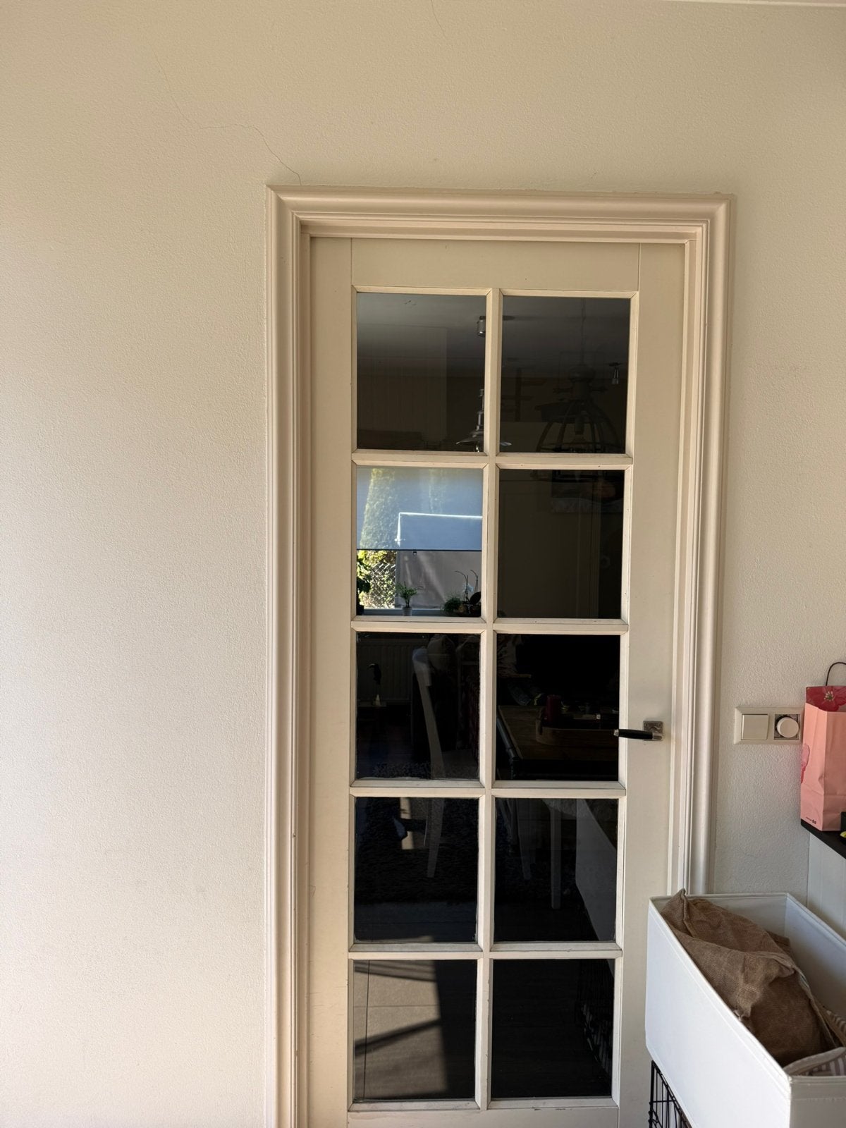 MDF binnendeur met glas, 82x210 cm (2 ruitjes ontbreken), Doe-het-zelf en Verbouw, Ophalen, Gebruikt, 80 tot 100 cm, Binnendeur