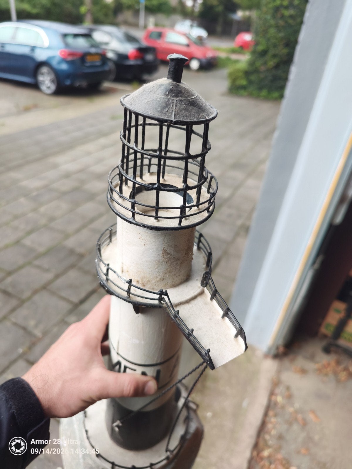 Decoratieve vuurtoren - kaarsen theelicht Zwart/Wit, Ophalen of Verzenden, Gebruikt, Zwart, Metaal