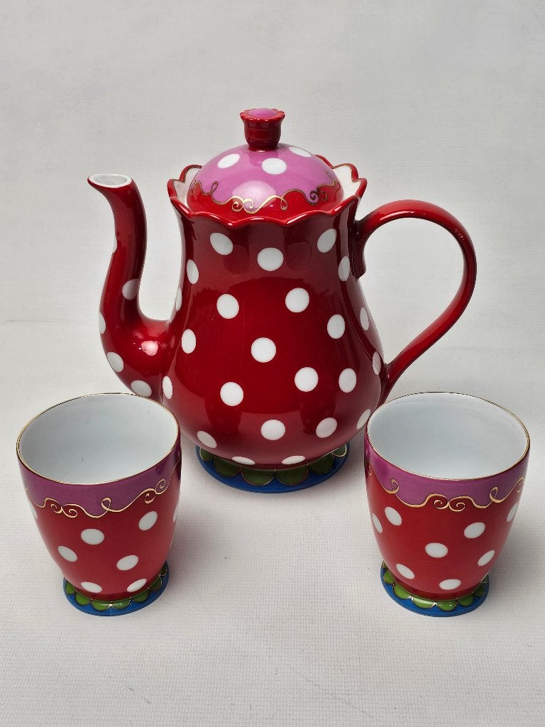 # Oilily Theepot met 2 Mokjes Douwe Egberts Polka Dots, Gebruikt, Overige typen, Ophalen of Verzenden, Overige stijlen