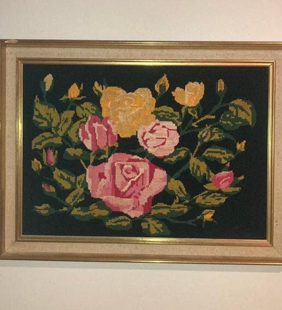 Vintage borduurwerk rozen wanddecoratie, Ophalen of Verzenden, Minder dan 50 cm, Schilderij