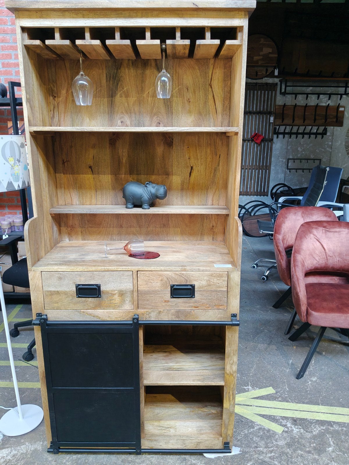 Wijnkast mangohout 90x42x190 cm met glashouders, Ophalen, Nieuw, 25 flessen of meer, 75 cm of meer
