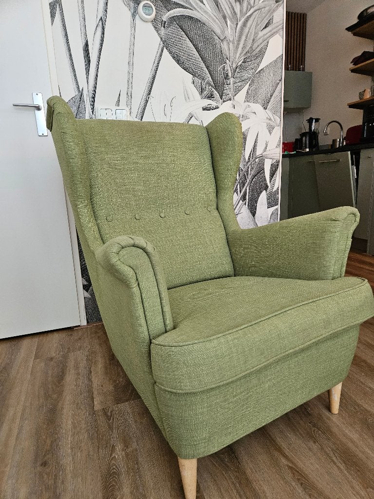 Comfortabele groene Ikea Strandmon fauteuil, Ophalen, Gebruikt, Klassiek, Comfortabel, Tijdloos, 75 tot 100 cm
