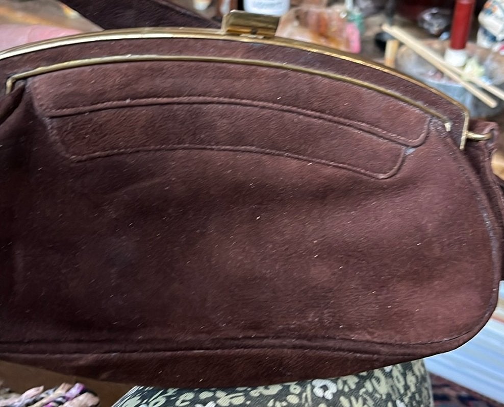 Vintage Bruin Suede Tasje met Korte Hengsel, Antiek en Kunst, Ophalen of Verzenden, Dames