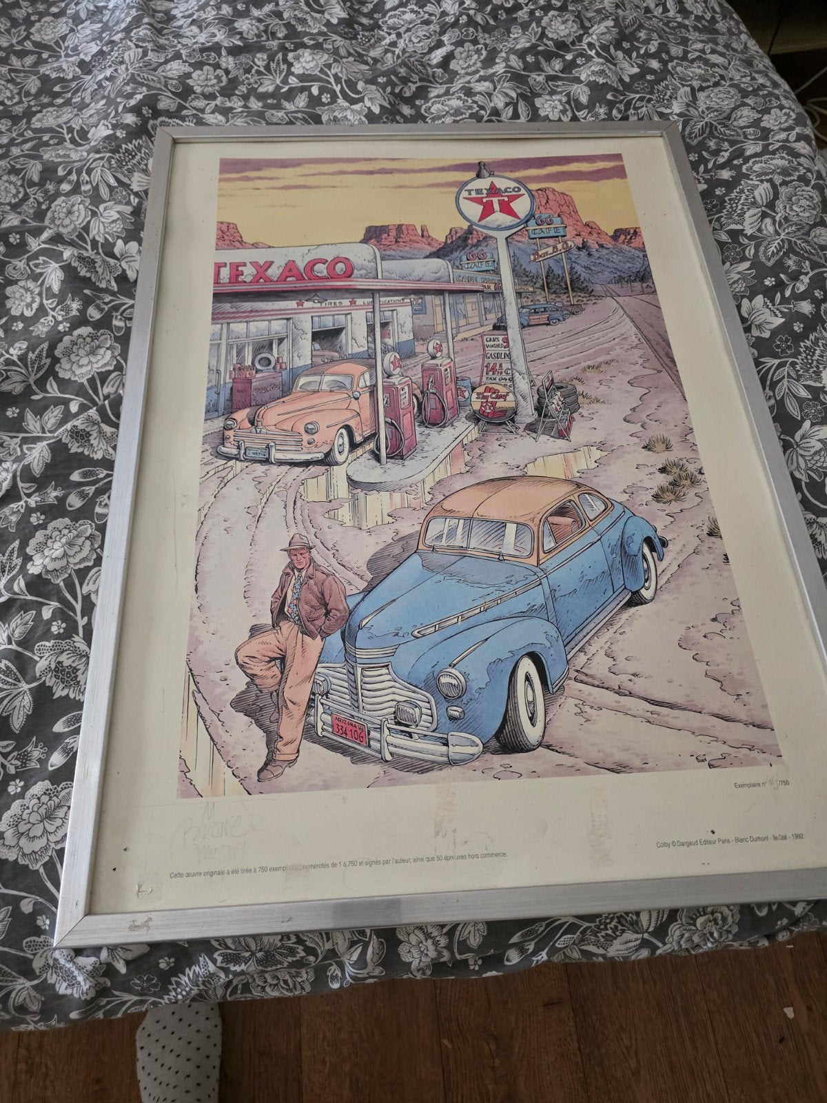 Ingelijste kunstprint: Texaco benzinestation met auto's, Ophalen of Verzenden