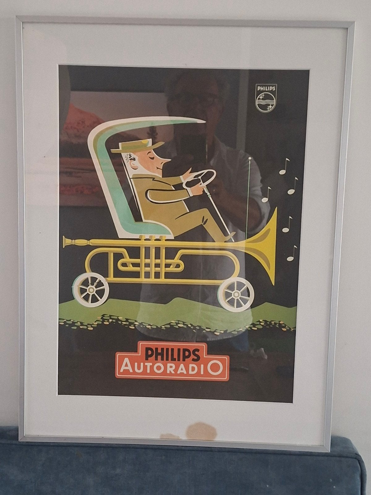 Antieke Philips Autoradio Reclame Poster in Lijst, Ophalen