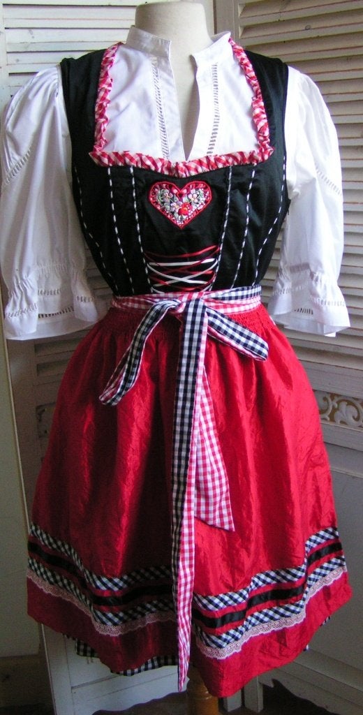 tiroler dirndl jurk en schort mt 42 nr EE 1095 ger annelies, Carnaval, Verzenden, Maat 42/44 (L), Zo goed als nieuw