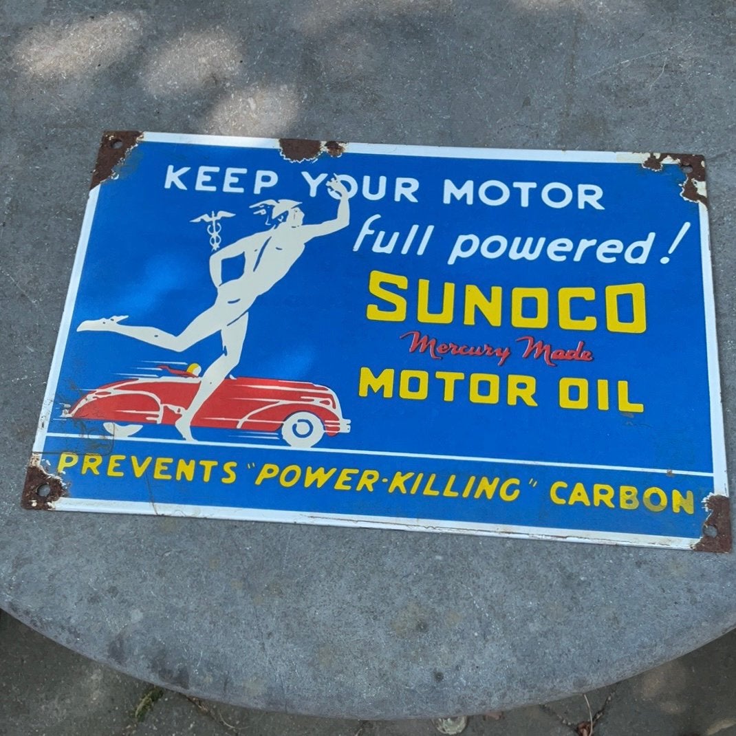 Sunoco Motor Oil reclamebord ( Emaille ), Ophalen of Verzenden, Gebruikt