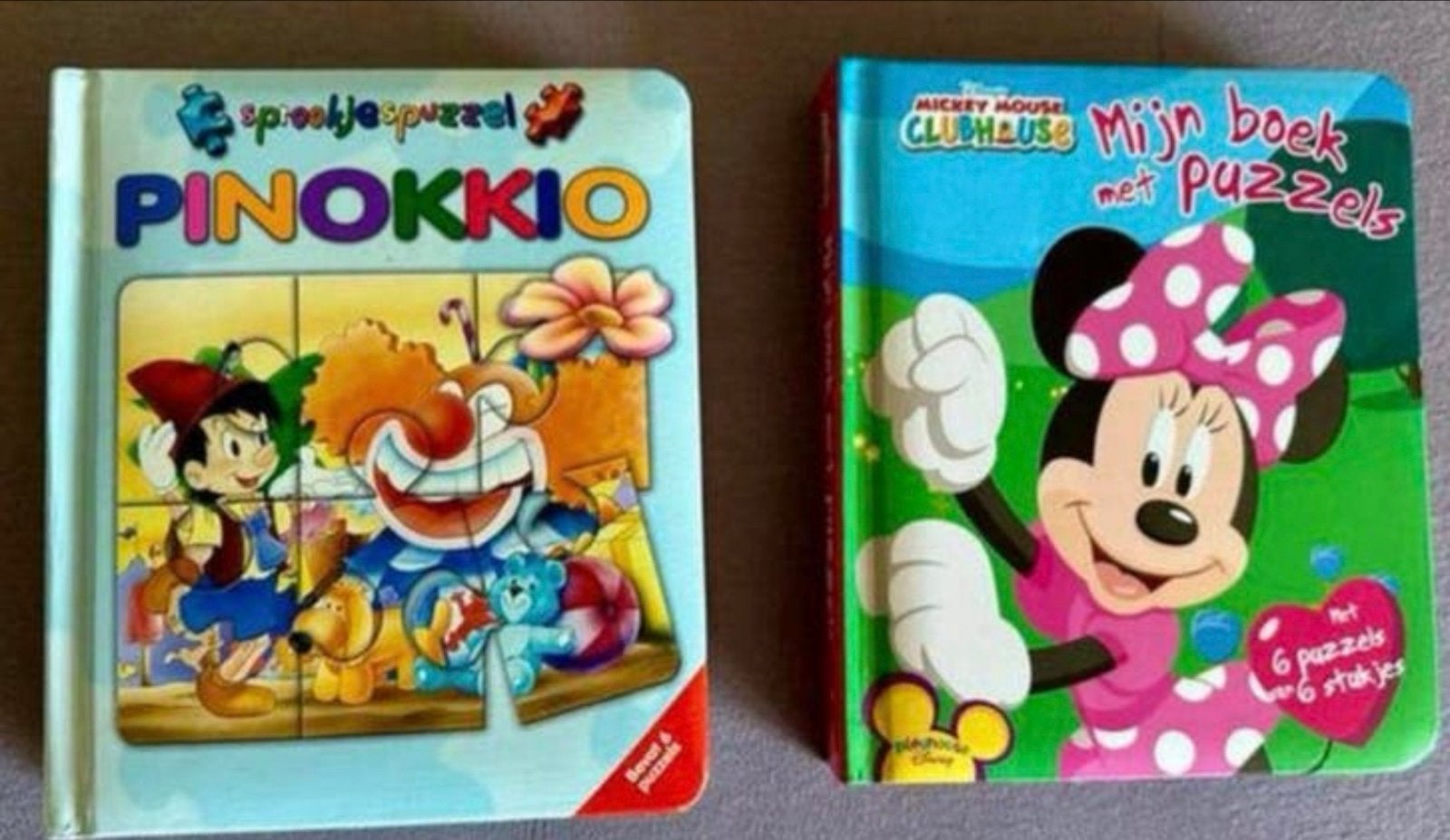 2 kinderboeken met puzzels: Pinokkio & Mickey Mouse, Boeken, Ophalen of Verzenden, Zo goed als nieuw, Sprookjes