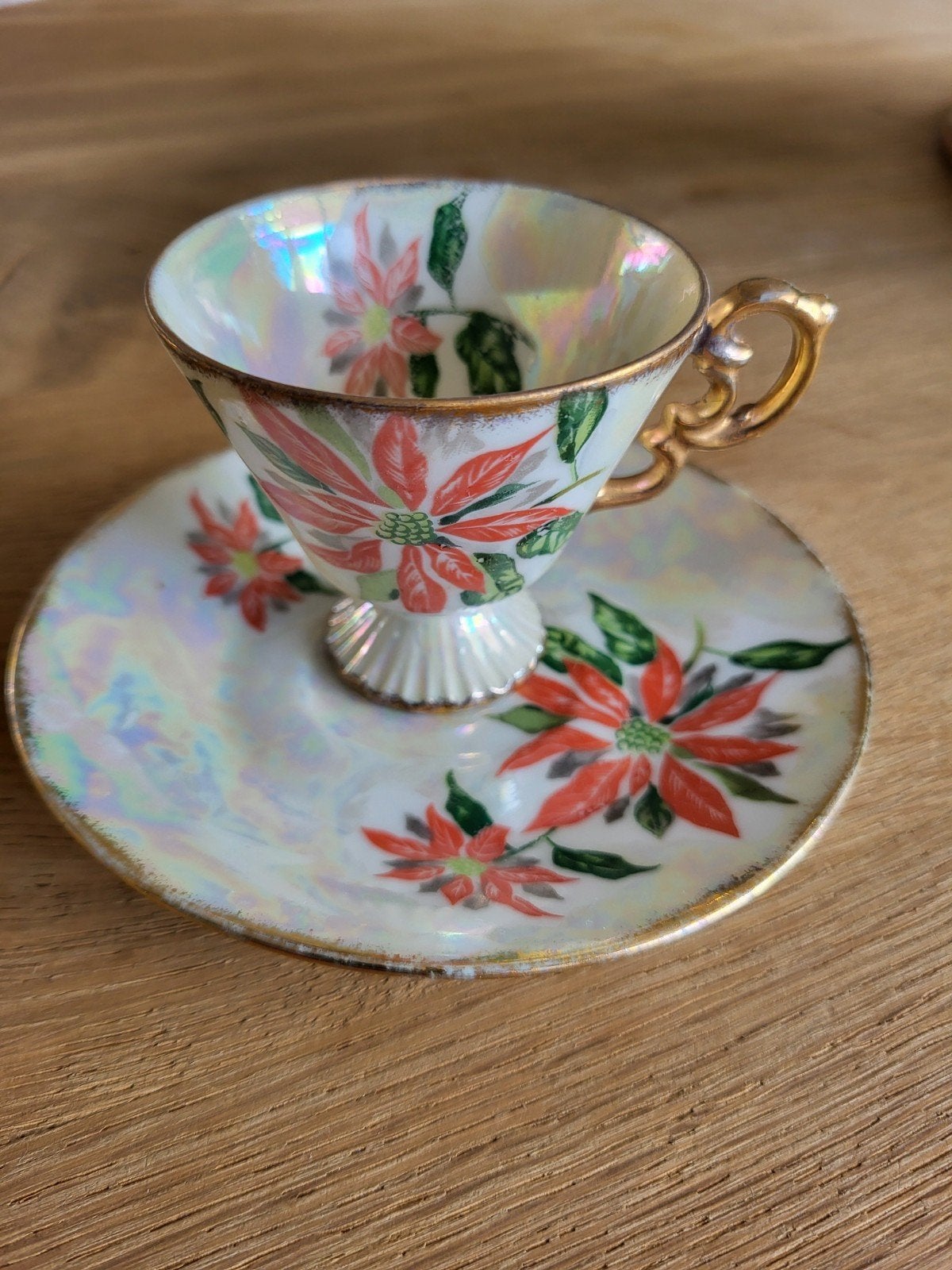 Vintage Poinsettia Theekopje met Schotel - Parelmoer Glans, Ophalen of Verzenden