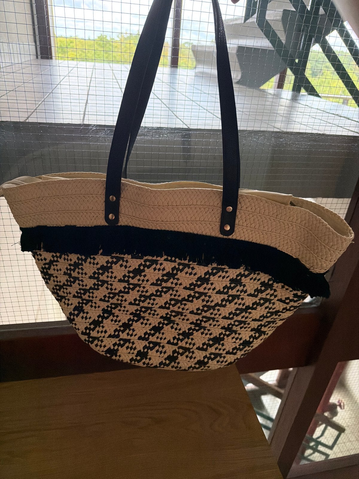 Stijlvolle rieten shopper met zwart patroon, Ophalen, Zo goed als nieuw, Beige, Shopper
