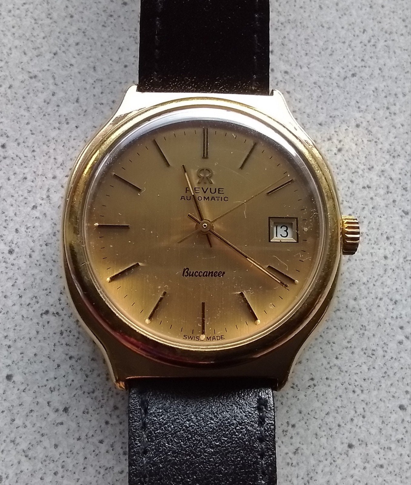 Revue Buccaneer vintage Zwitsers automatisch herenhorloge, Overige merken, Overige materialen, Polshorloge, Met bandje