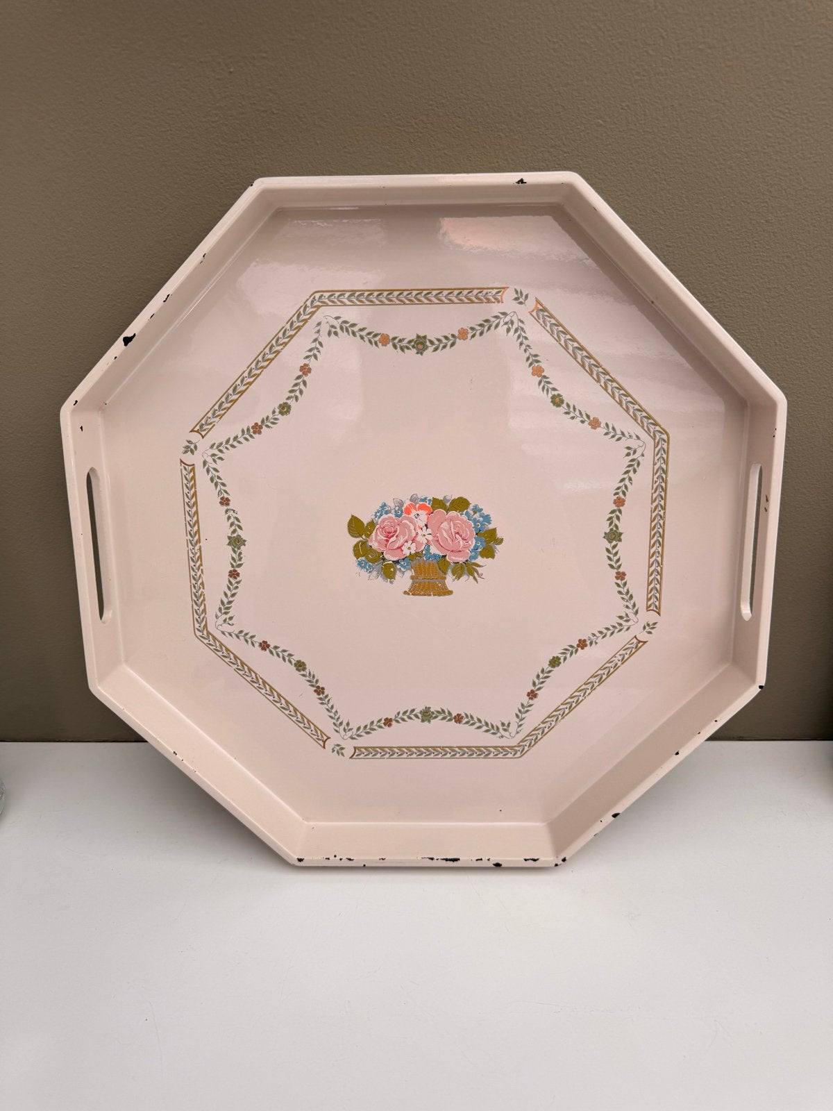 Vintage Gallo Dienblad met Bloemenprint - Octagonaal, Kunststof, Gebruikt, Met afbeelding/tekst, Ophalen of Verzenden