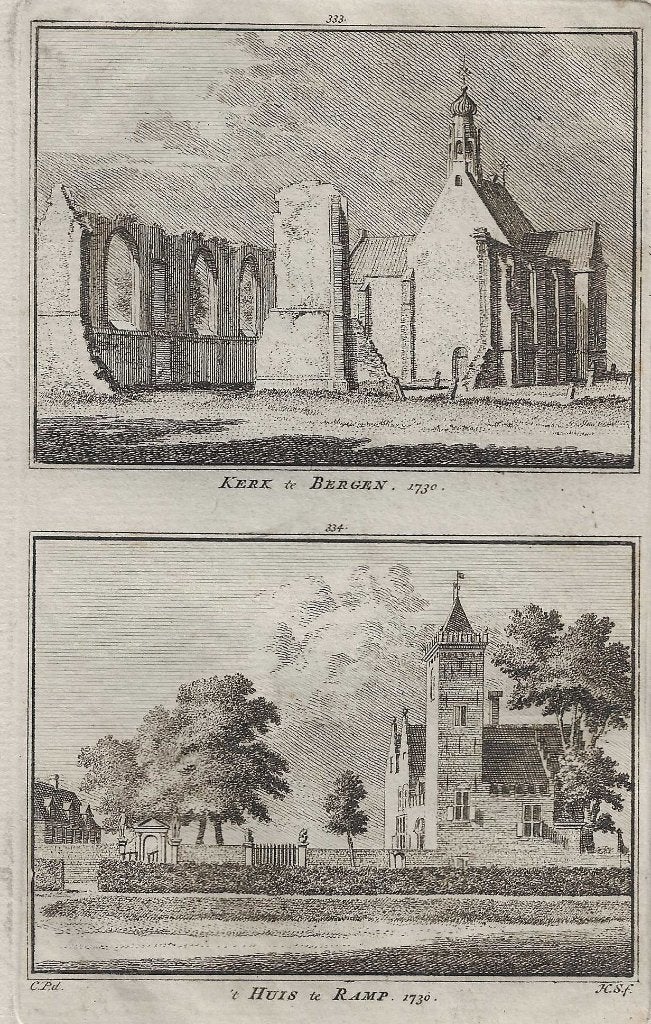 "De Kerk te Bergen 1730 en  't huis te Ramp.1730" Spilman Ko, Stadsgezicht, Ophalen of Verzenden, 16 cm, 10 cm