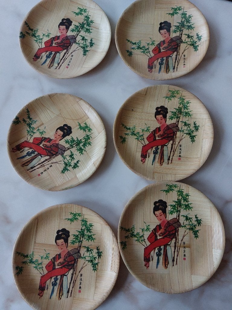 Set van 6 vintage bamboe onderzetters met Chinese dames, Ophalen of Verzenden, Overige typen, Natuurlijk materiaal, Meerkleurig