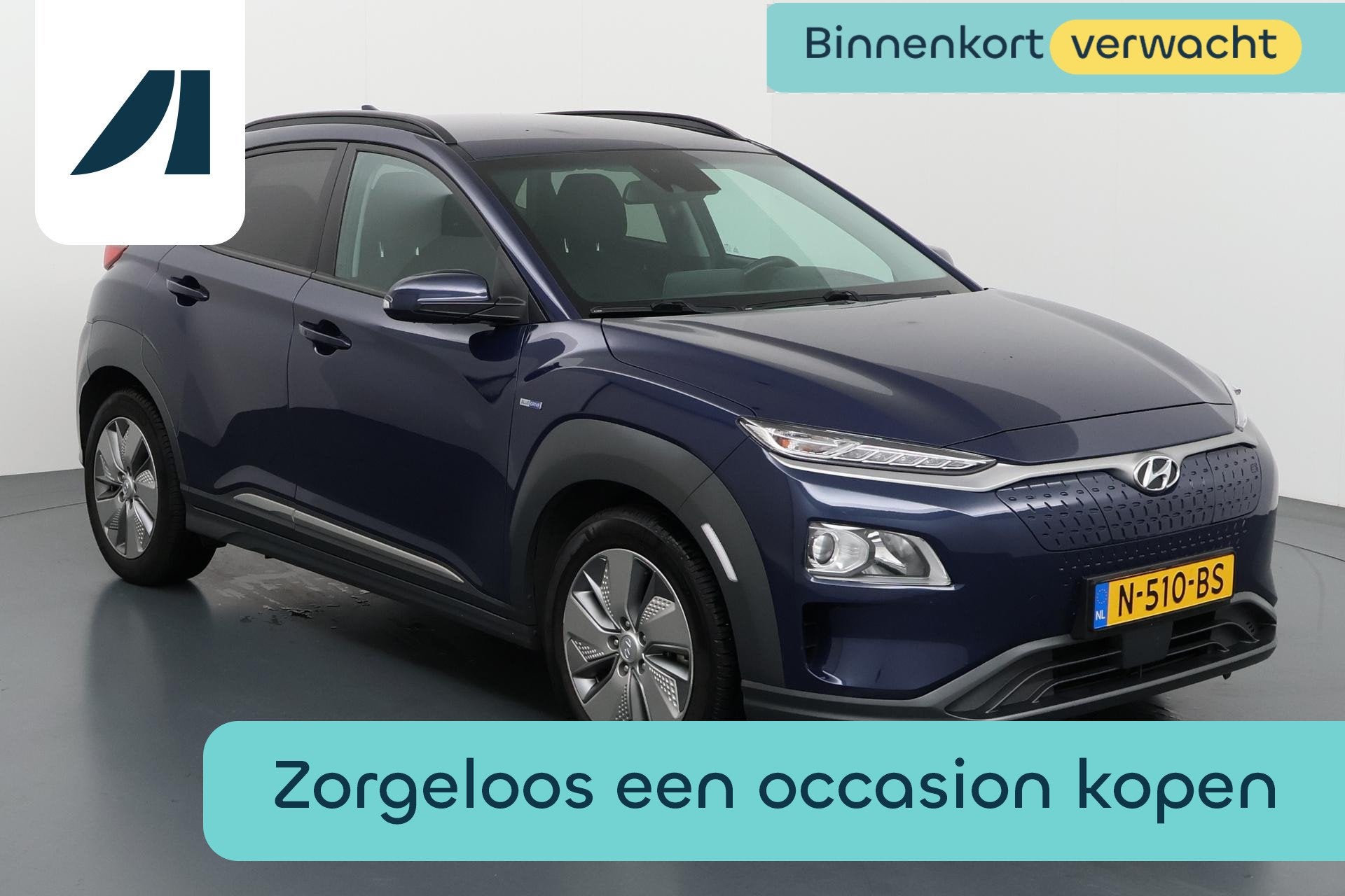 Hyundai Kona EV Fashion 64 kWh - Modern & Elektrisch, Auto's, Stof, Gebruikt, Verwarmde buitenspiegels, Blauw
