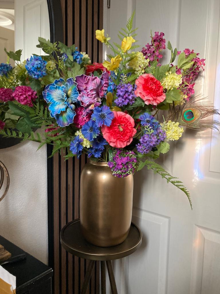 Zijden bloemen Fel in vaas Compleet Zijde, Ophalen of Verzenden, Meerkleurig, Bloemstuk, Nieuw