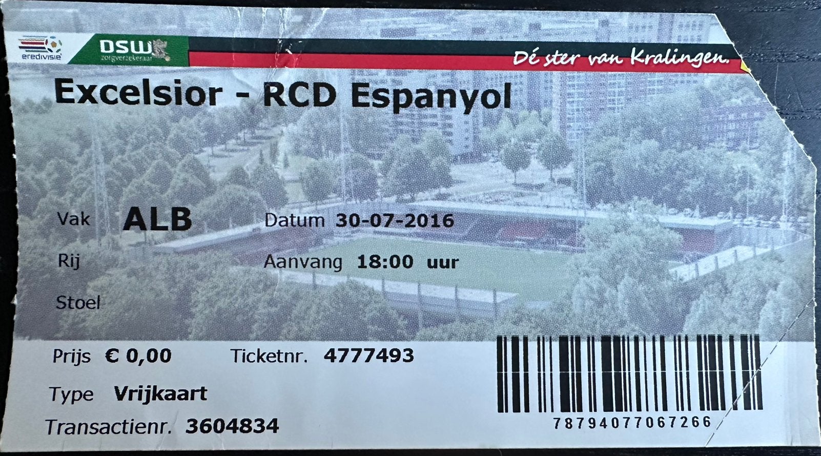 Ticket 16-17 Excelsior - Espanyol, Verzamelen, Ophalen of Verzenden, Gebruikt, Overige binnenlandse clubs, Overige typen
