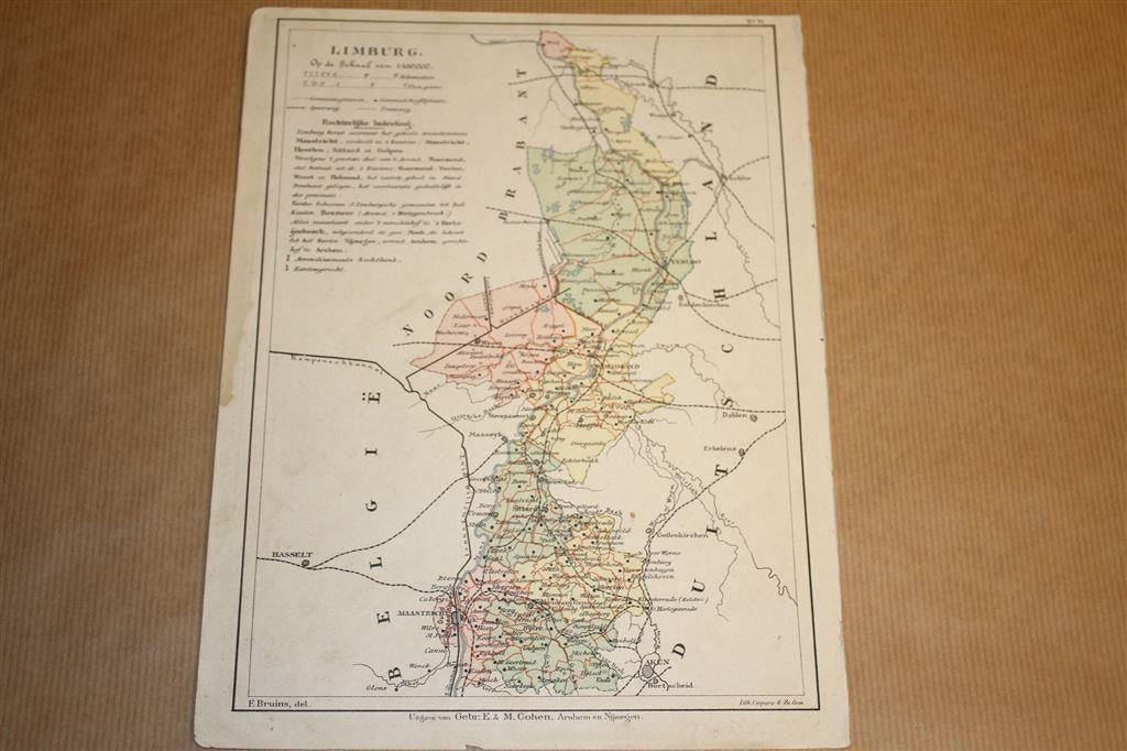 Antieke provinciekaart - Limburg - Bruins 1895 !!, Gelezen, Ophalen of Verzenden, Landkaart, 1800 tot 2000