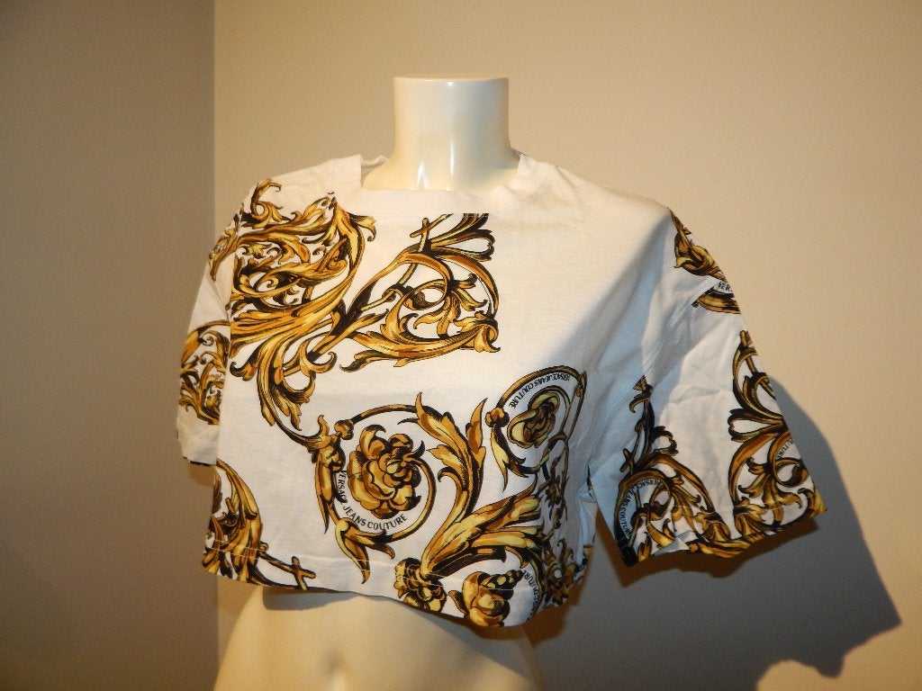 Versace jeans couture kort trendy shirt gouden barok xs/s, Verzenden, Wit, Zo goed als nieuw, Maat 34 (XS) of kleiner