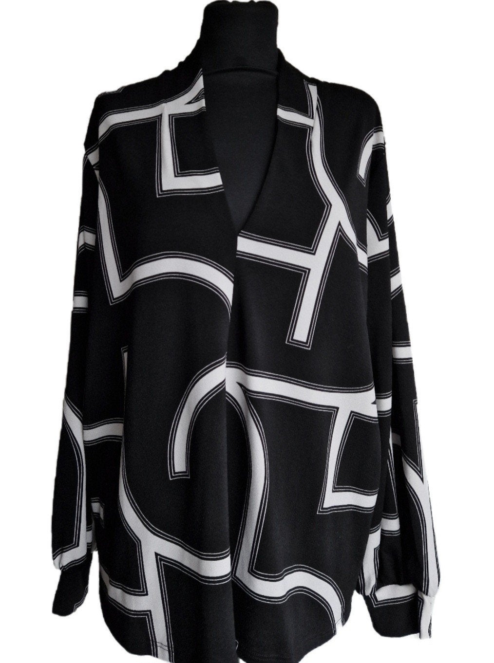 H&M zwart witte print blouse, H&M, Zwart, Maat 46/48 (XL) of groter, Nieuw