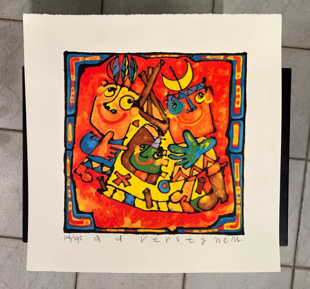 Kleurrijke ets van Ad Versteijnen, 34x34 cm, niet ingelijst, Ophalen, 34 cm, 34 cm, Genummerd