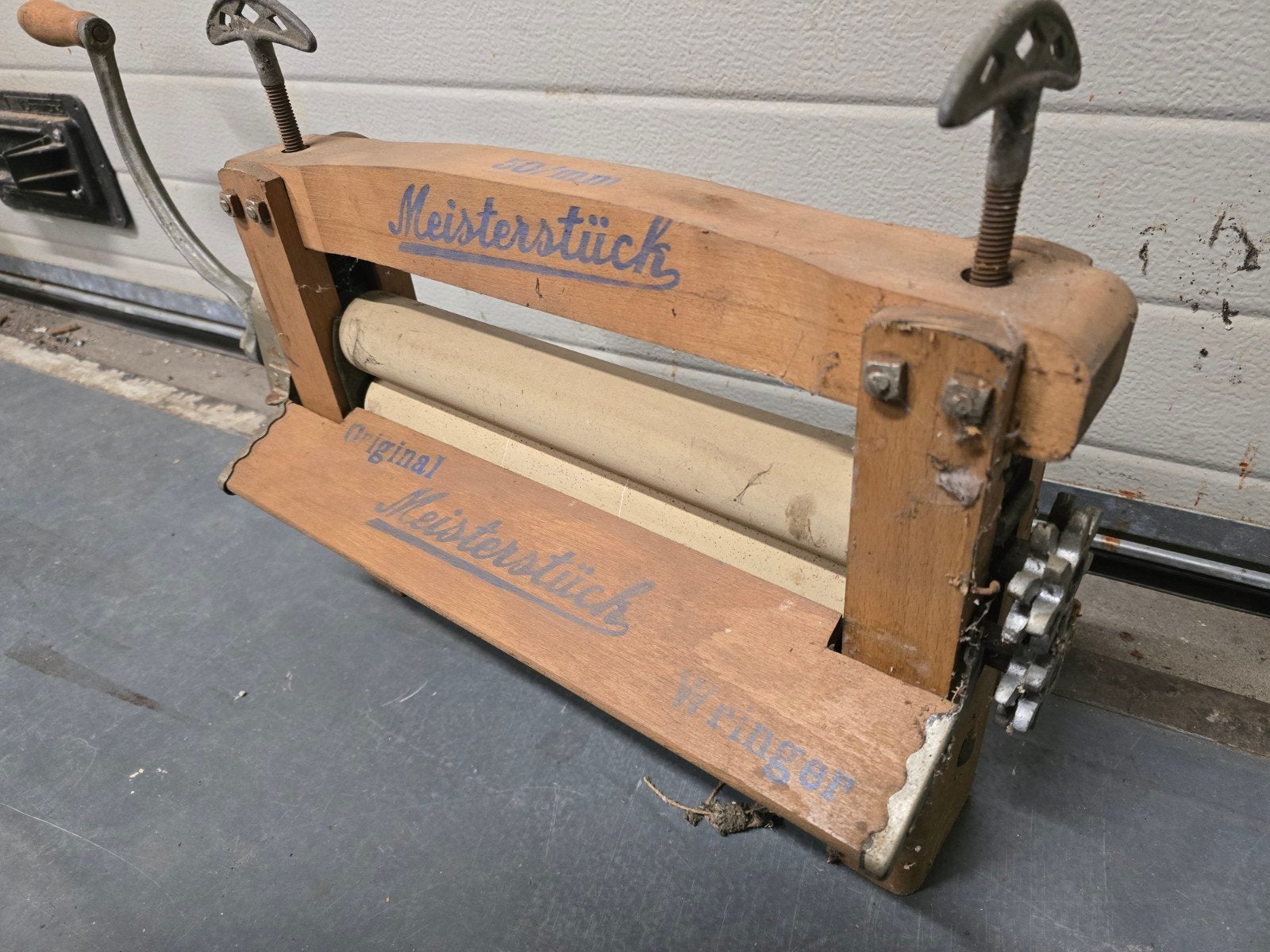 Antieke houten wringer 'Meisterstück' - Decoratief, Ophalen of Verzenden
