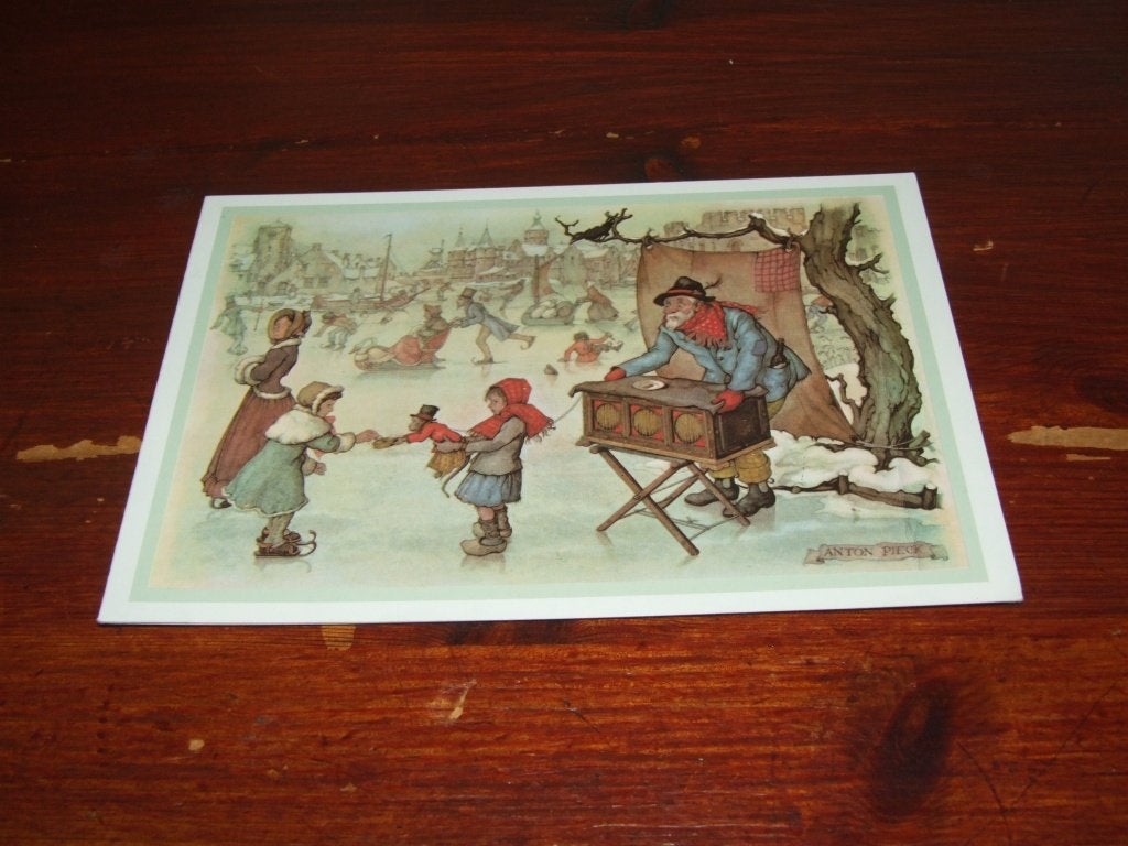 159- Anton Pieck kaart: Schaatsers met draaiorgel, 1960 tot 1980, Gebruikt, Verzenden, Prent