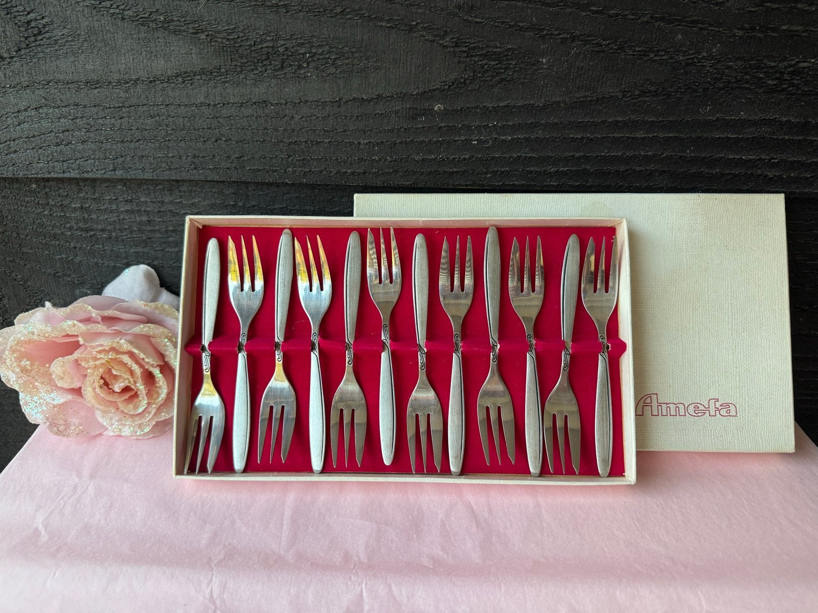 Vintage Amefa Gebaksvorkjes Set - 12 Stuks in Doos, Ophalen of Verzenden
