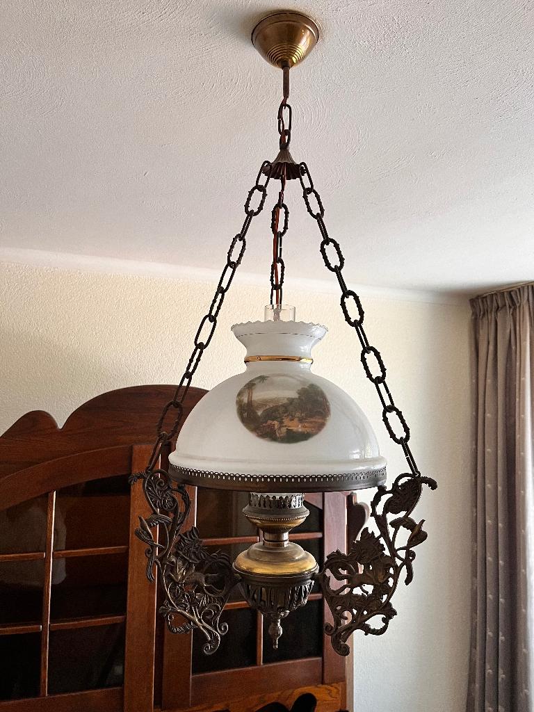Antieke (olie) hanglamp met glas en messing details, Antiek en Kunst, Antiek | Lampen, Ophalen