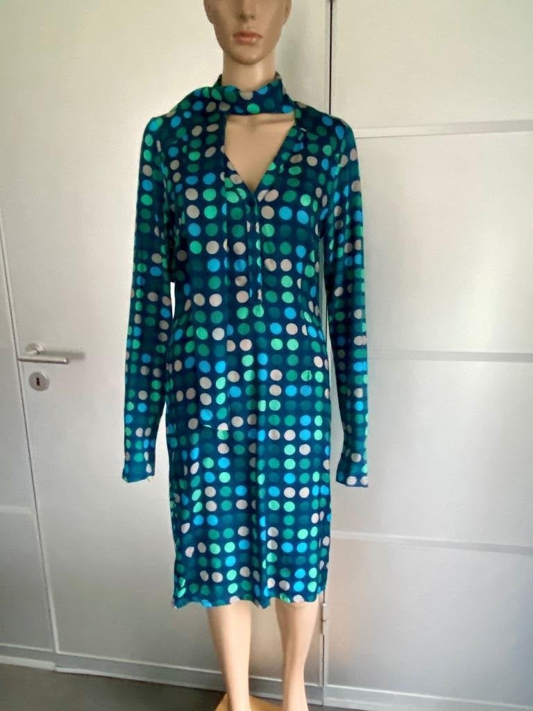 H925 Expresso: jurk maat 36=S blauw groen., Kleding | Dames, Ophalen of Verzenden, Zo goed als nieuw, Knielengte, Maat 36 (S)