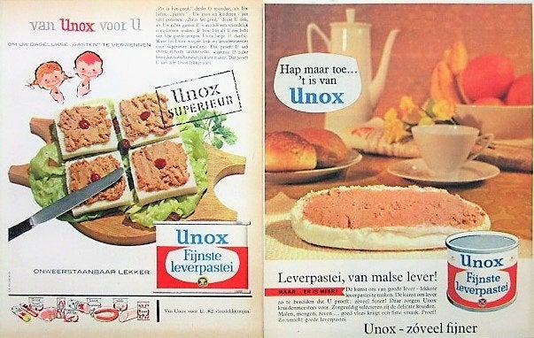 14 vintage advertenties reclames Unox leverpastei 60-63 pate, Verzamelen, Ophalen of Verzenden, Gebruikt, Overige typen