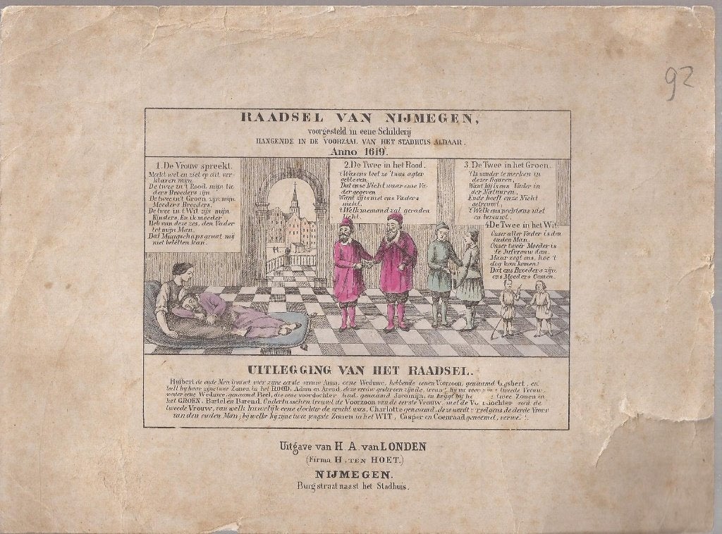 Nijmegen Raadsel van Nijmegen voorgestelt in eene Schilderij, 1800 - 1899, Ophalen of Verzenden, Gravure, Blanco verso
