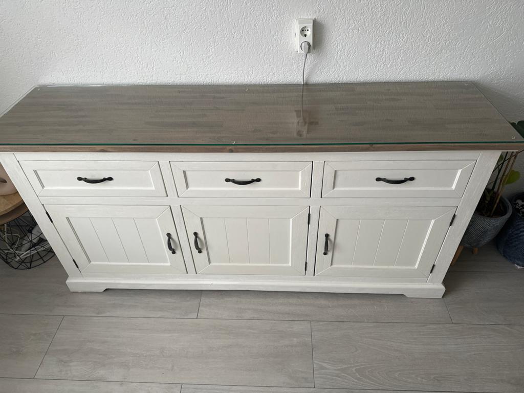 Wit massief houten dressoir met eiken blad en glasplaat, Ophalen, Gebruikt, 150 tot 200 cm, Eikenhout