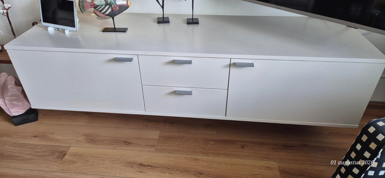 Modern wit wand en tv meubel met lades en deuren en haard, Ophalen, 200 cm of meer, Modern, Strak, Zo goed als nieuw