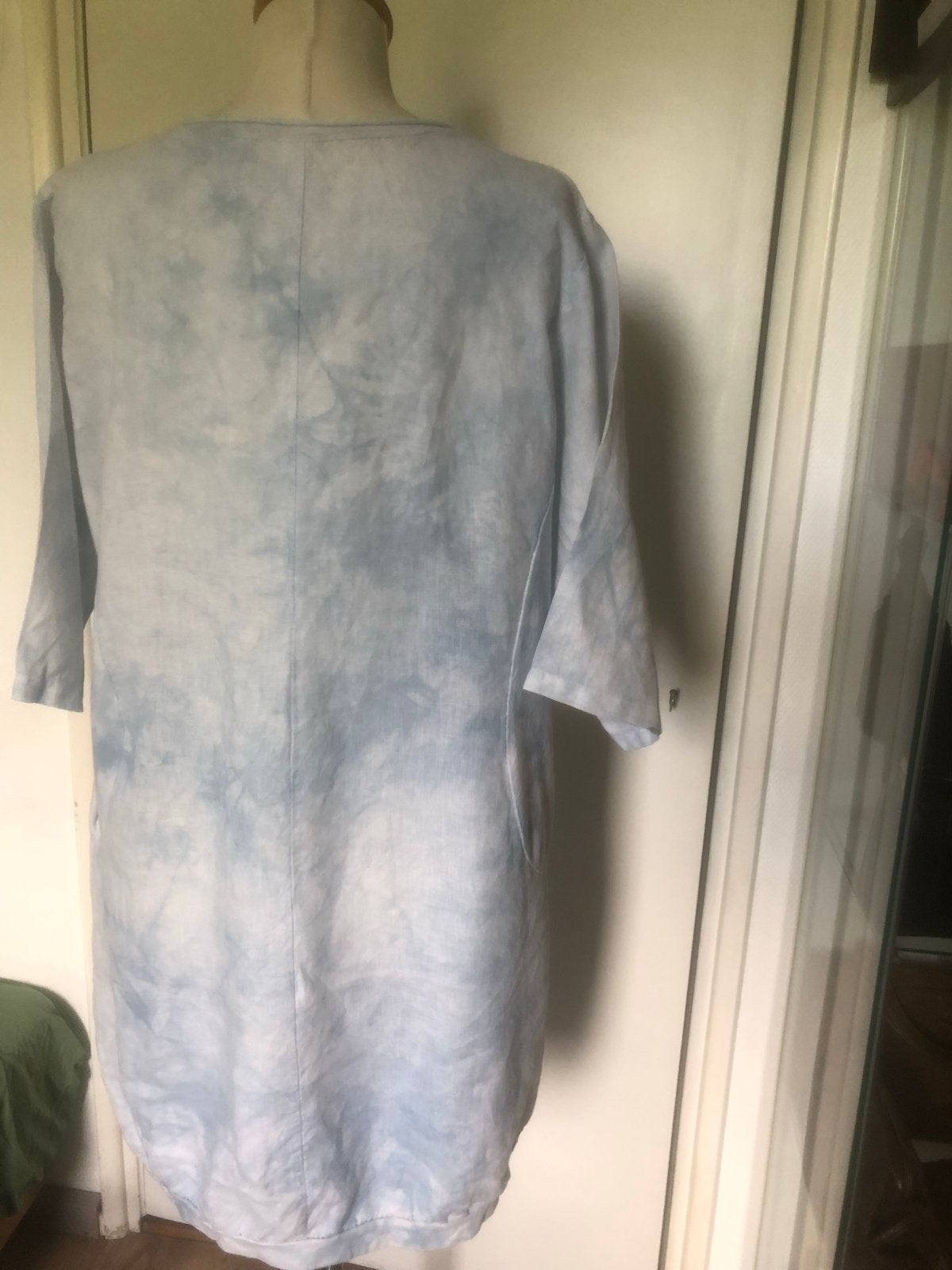 ITALIAANSE linnen jurk met tie-dye print en ritsdetails m L, Blauw, Maat 42/44 (L), Ophalen of Verzenden, Zo goed als nieuw
