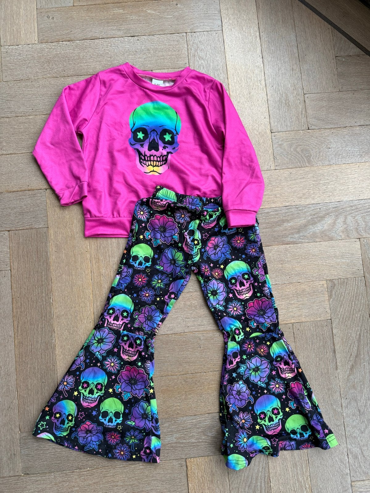 Halloween kostuum 5-6 jaar - Roze shirt met doodshoofd, Ophalen of Verzenden, Gebruikt, 110 t/m 116, Jongen of Meisje