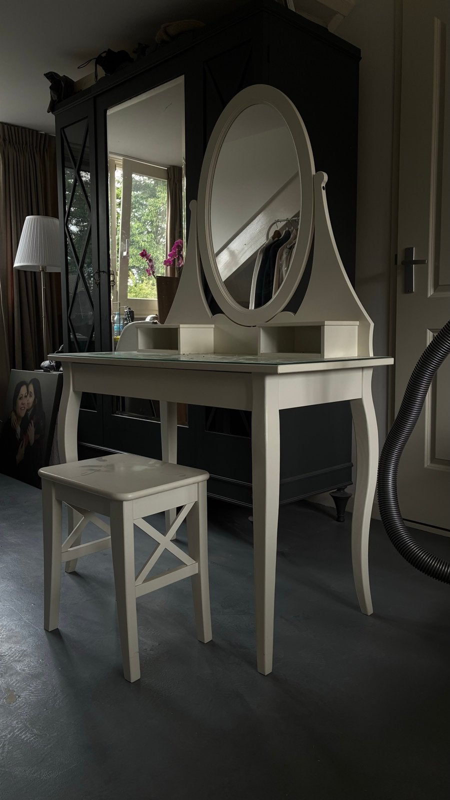 Witte kaptafel met spiegel en krukje, Ophalen, Gebruikt, 100 tot 150 cm, 50 tot 100 cm