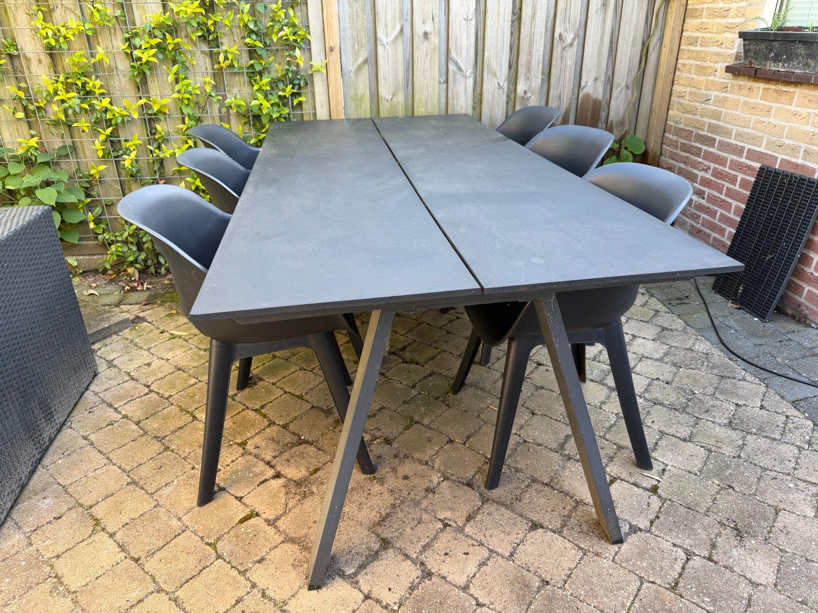 JYSK FAUSING tafel 220x100 met Praxis kunststof stoelen, Ophalen, Gebruikt, Rechthoekig, Kunststof