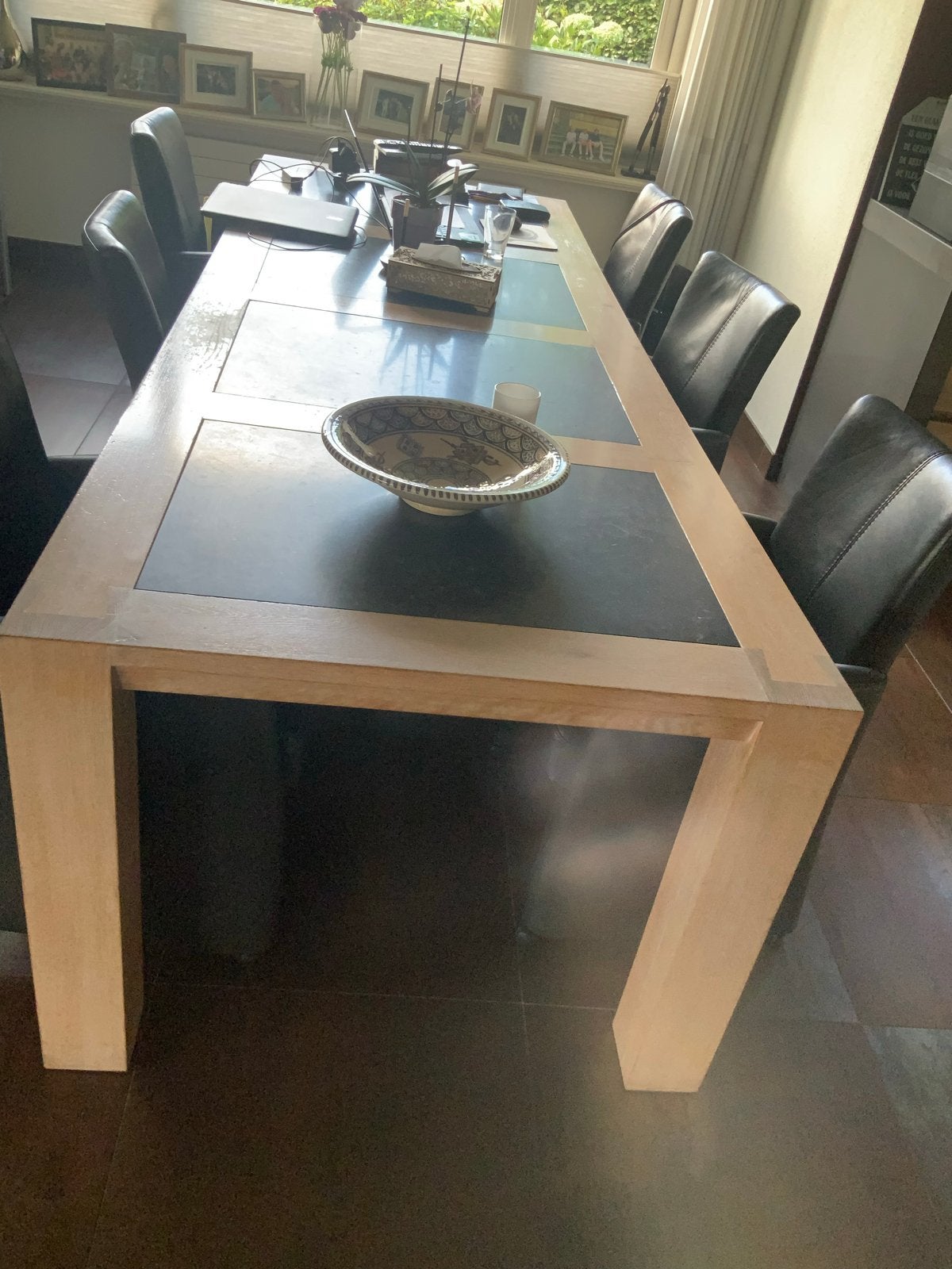 Massieve Whitewash Eiken Eettafel met Granieten Bladen, Huis en Inrichting, Ophalen, Gebruikt, Eikenhout, 200 cm of meer