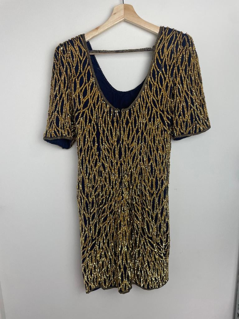 Laurence Kazar jurk maat S met pailletten blauw goud zijde, Kleding | Dames, Blauw, Vintage, Vintage, Ophalen of Verzenden