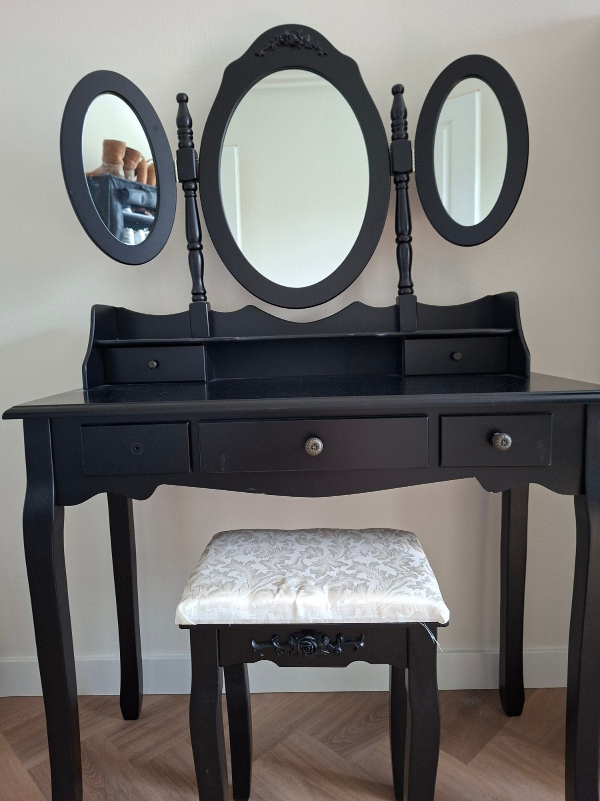Make up tafel zwart met kantelbare spiegels en krukje, Ophalen, Zo goed als nieuw, 50 tot 100 cm, Minder dan 100 cm