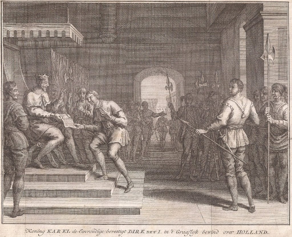 Karel de Eenvoudige verleent Dirk I de titel graaf v.Holland, 19 cm, Ophalen of Verzenden, 15 cm, 1700 - 1799