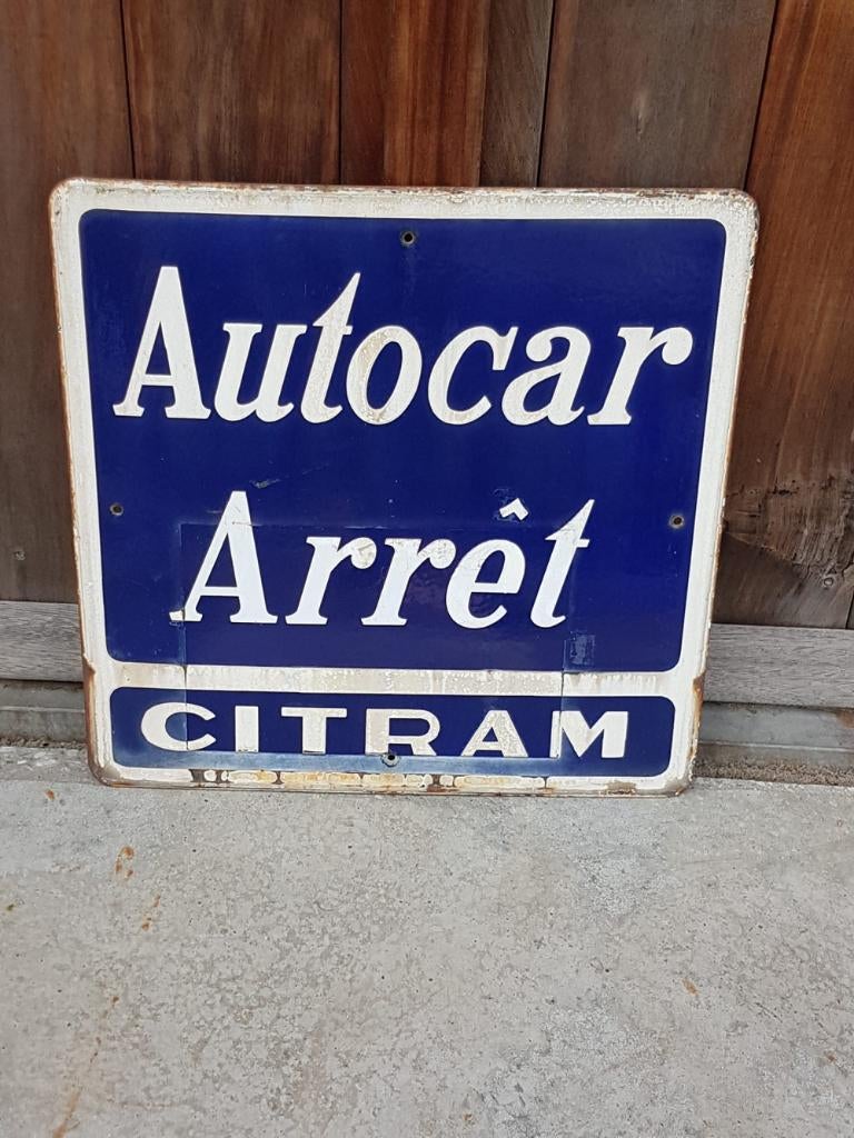 Origineel, oud en zwaar emaille bus bord uit Frankrijk., Reclamebord, Gebruikt, ., Ophalen of Verzenden