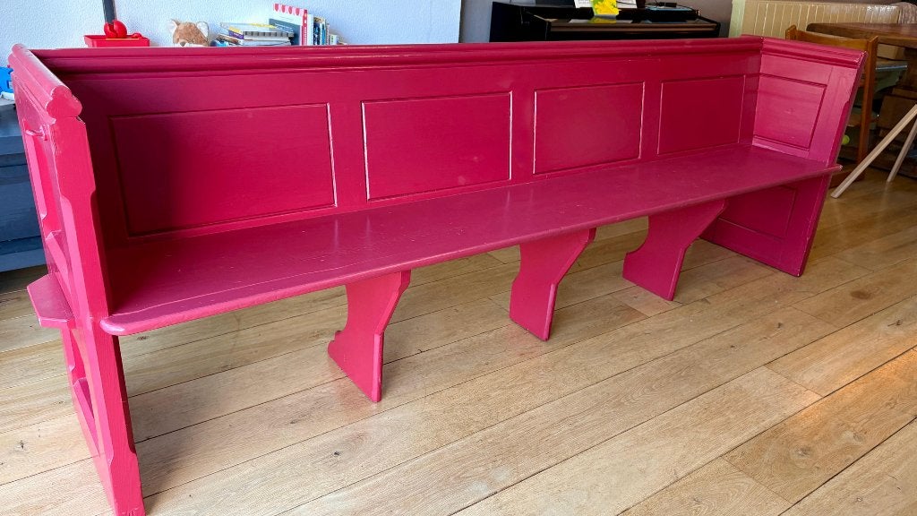 Unieke houten kerkbank / eetkamerbank met uitschuiftafeltje, Ophalen of Verzenden