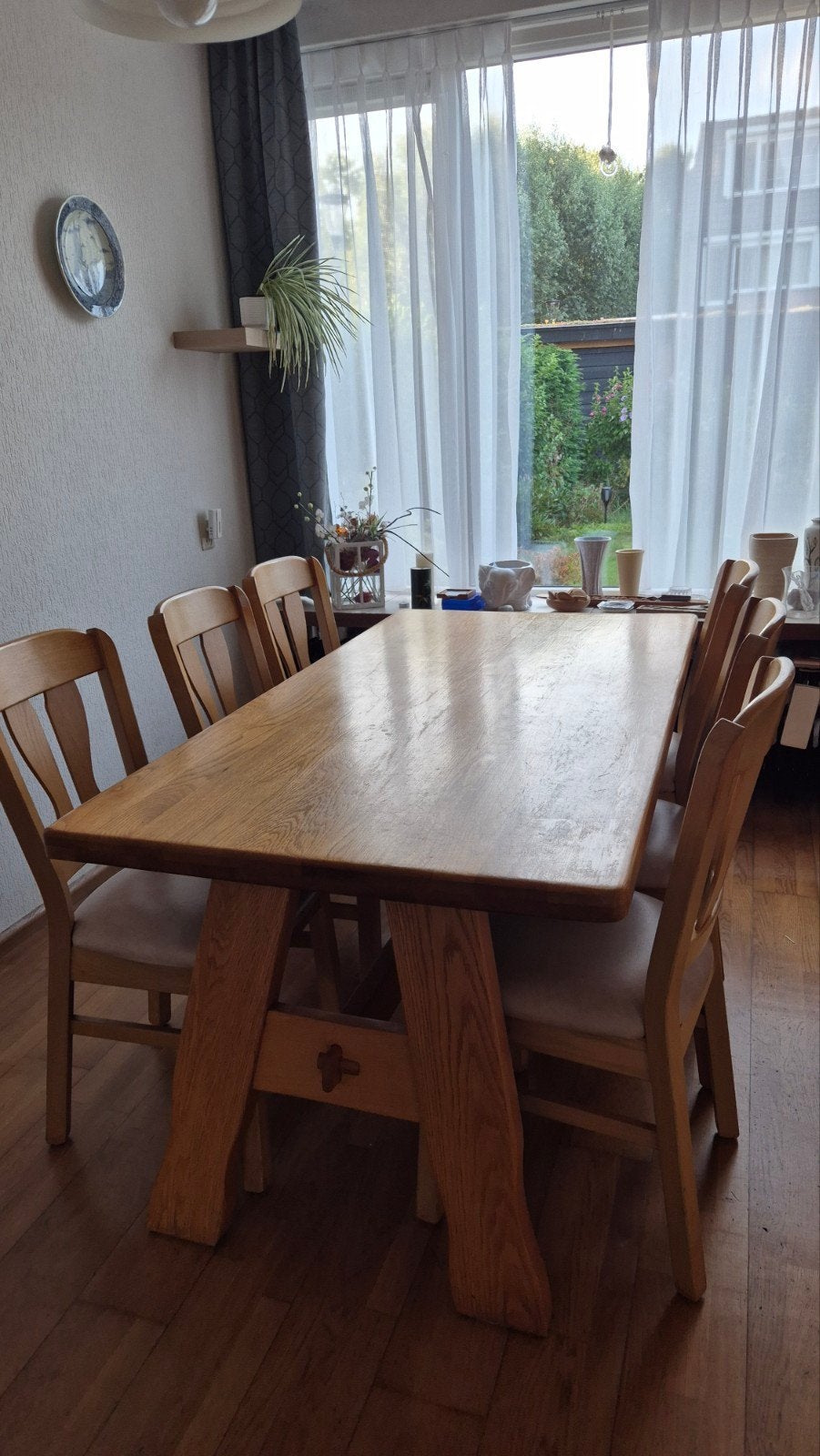 Massief eiken eettafel met 6 stoelen, Huis en Inrichting, Ophalen, Gebruikt, Eikenhout, 50 tot 100 cm