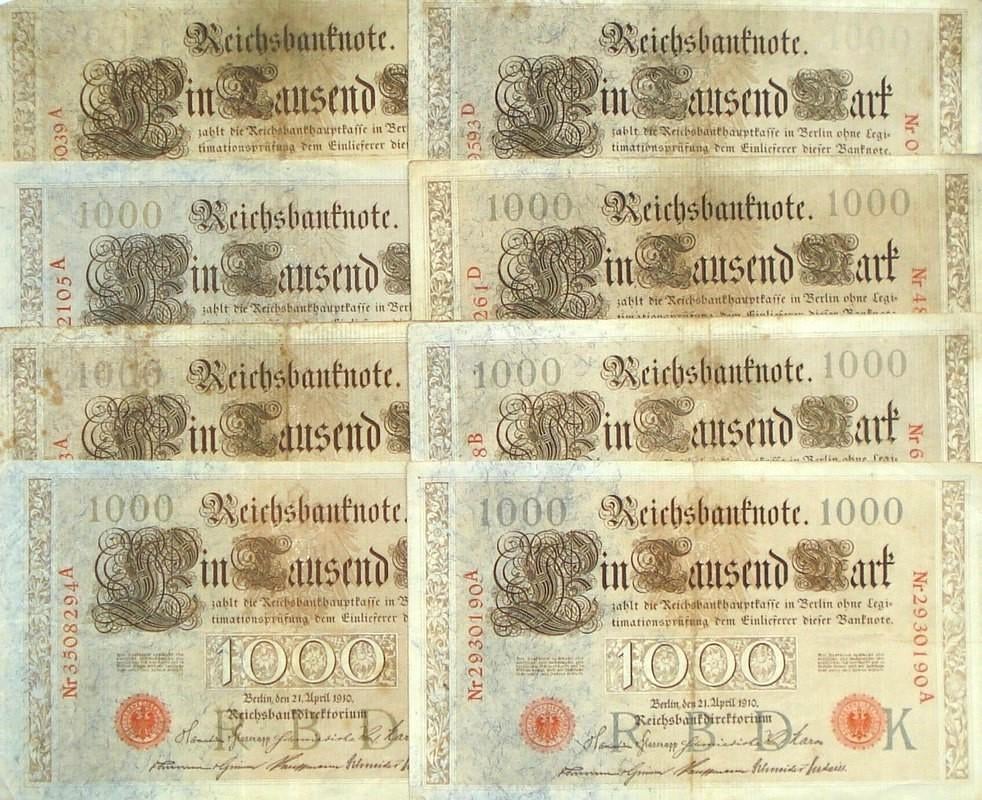 Duitsland lot met 8x 1.000 mark 1910, Postzegels en Munten, Bankbiljetten | Europa | Niet-Eurobiljetten, Ophalen of Verzenden