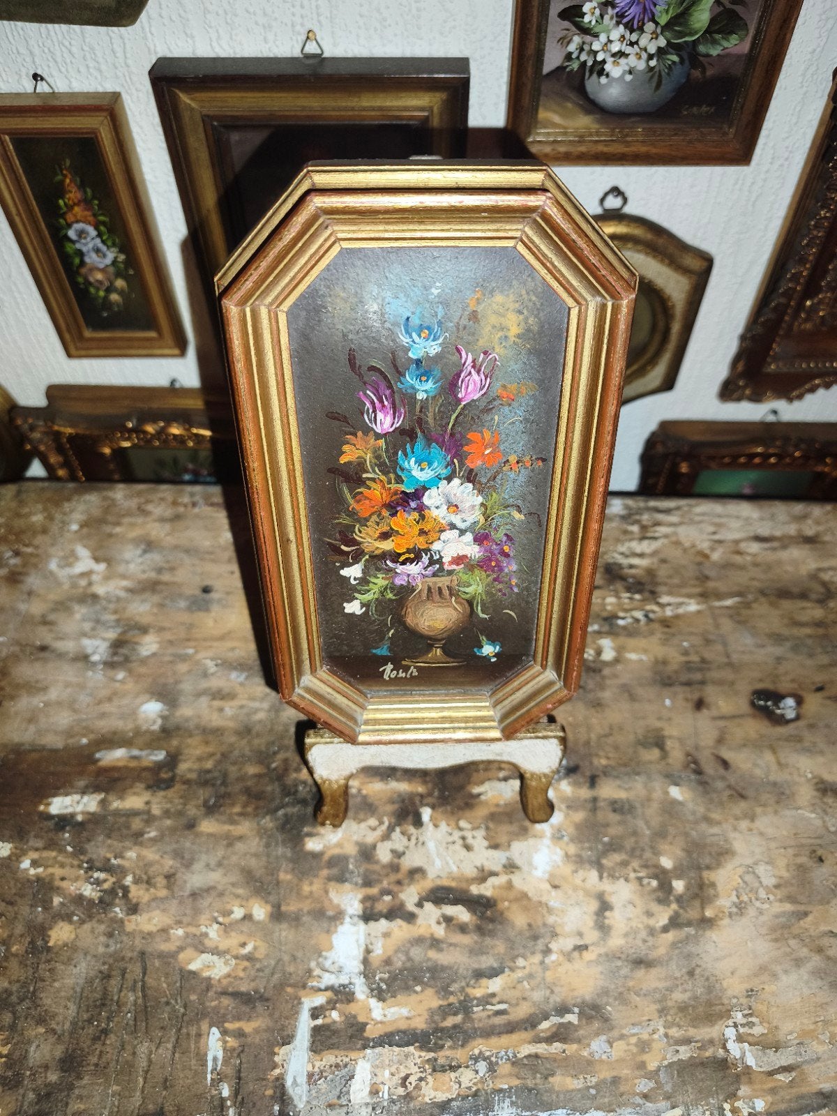 oud schilderijtje schilderij lijst stilleven bloemen Y26, Ophalen of Verzenden