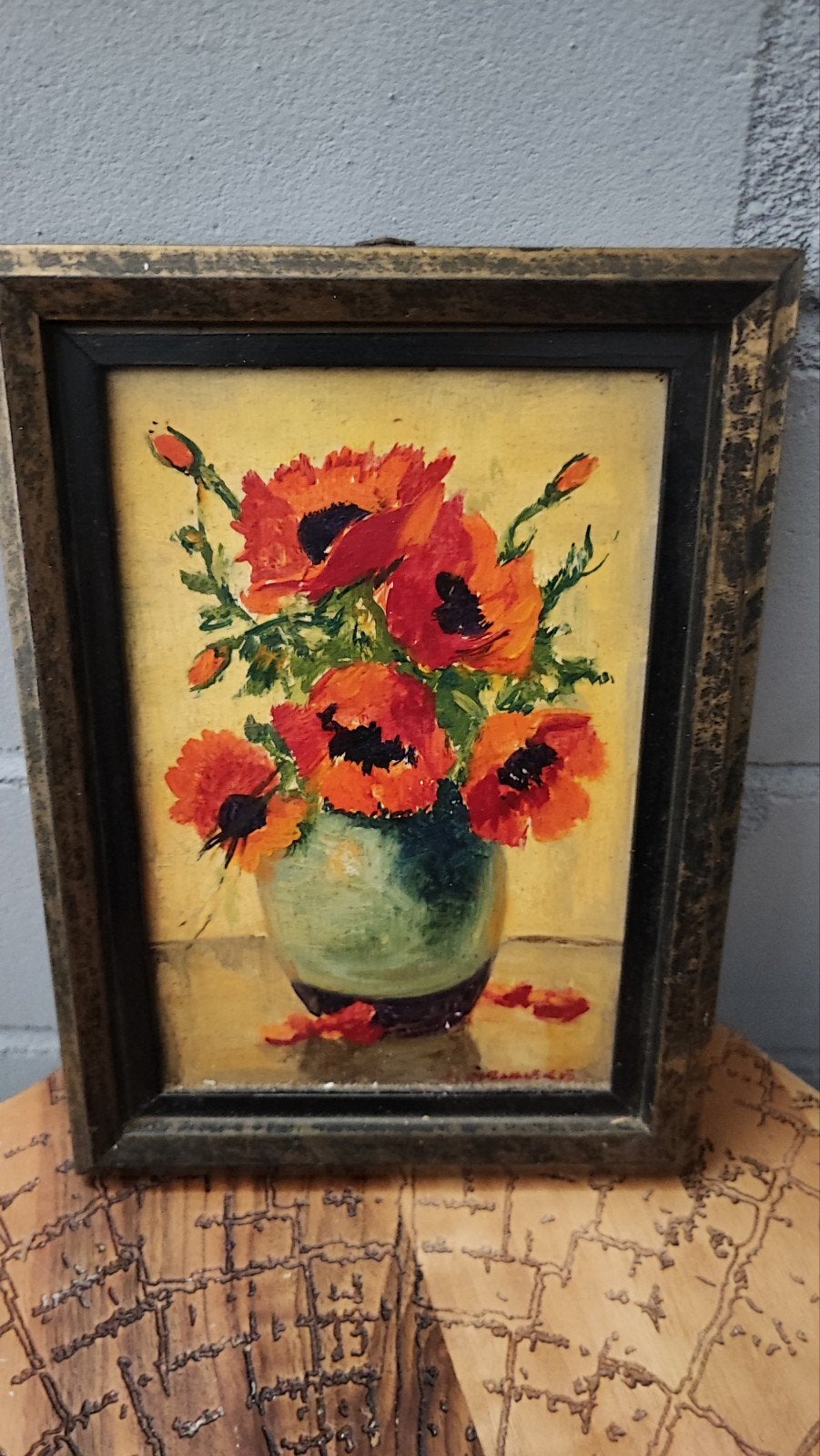 Schilderij klaprozen in vaas - gesigneerd, Bloemen, Paneel, Realistisch, Ophalen of Verzenden