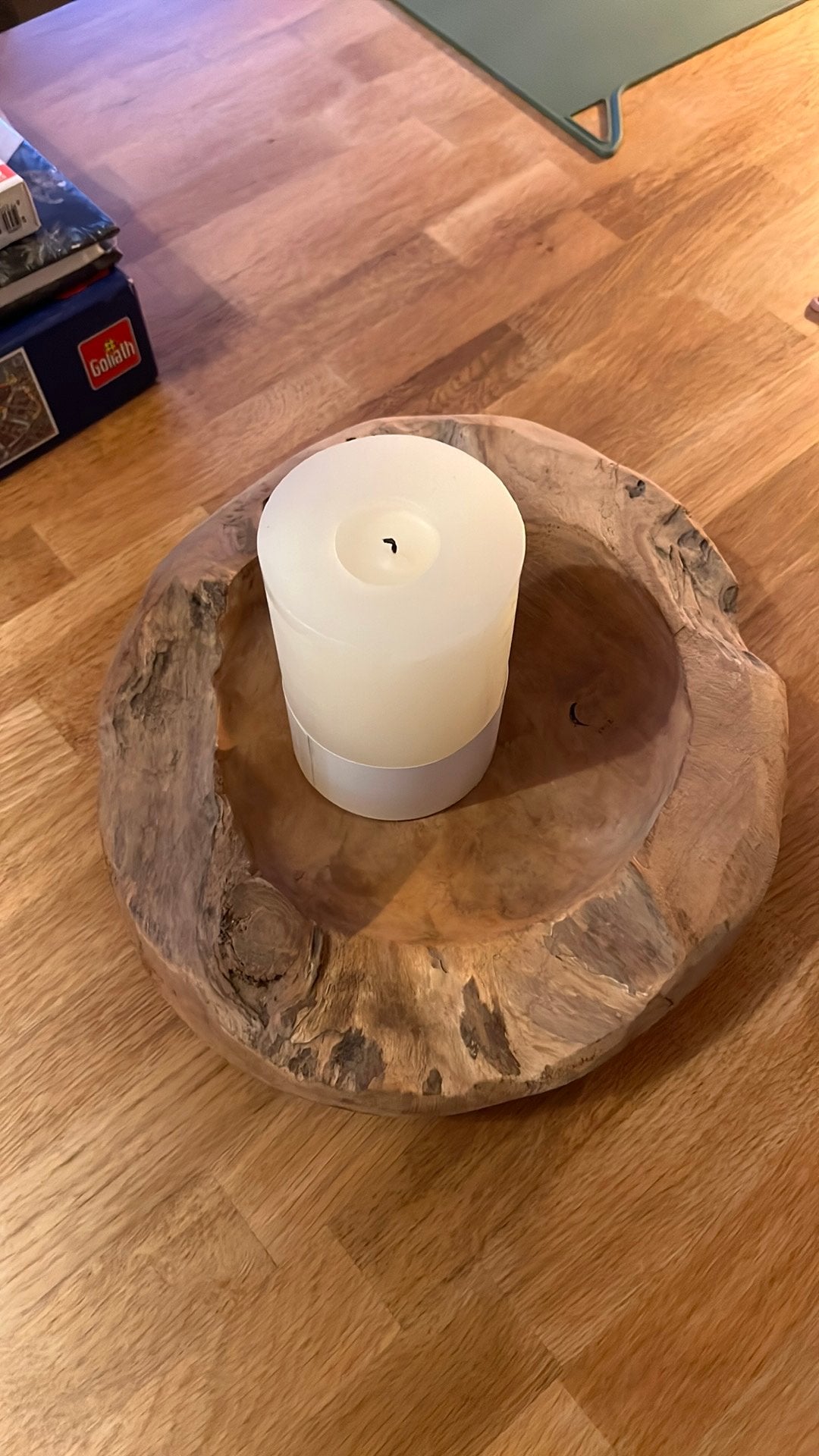 Massief houten schaal met kaars, Huis en Inrichting, Woonaccessoires | Kandelaars en Kaarsen, Ophalen, Beige, Zo goed als nieuw
