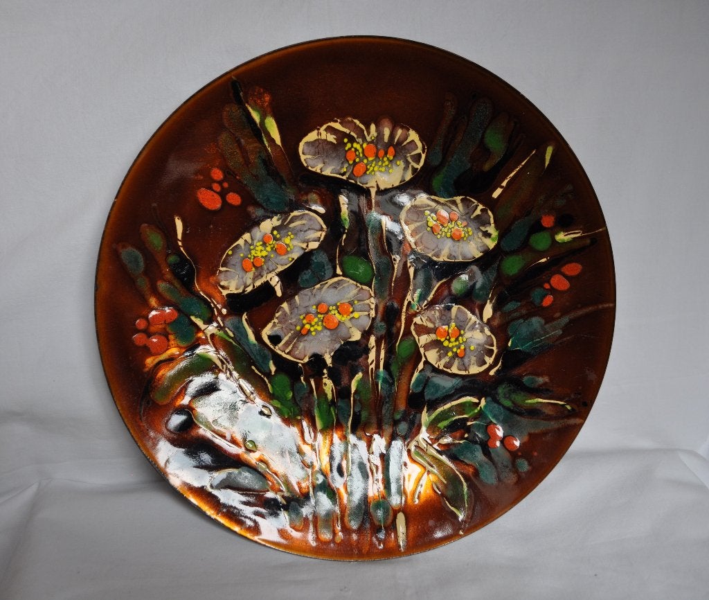 Vintage Schaal Koper Emaille Bloemen Kroatie 30 cm, Antiek en Kunst, Ophalen of Verzenden